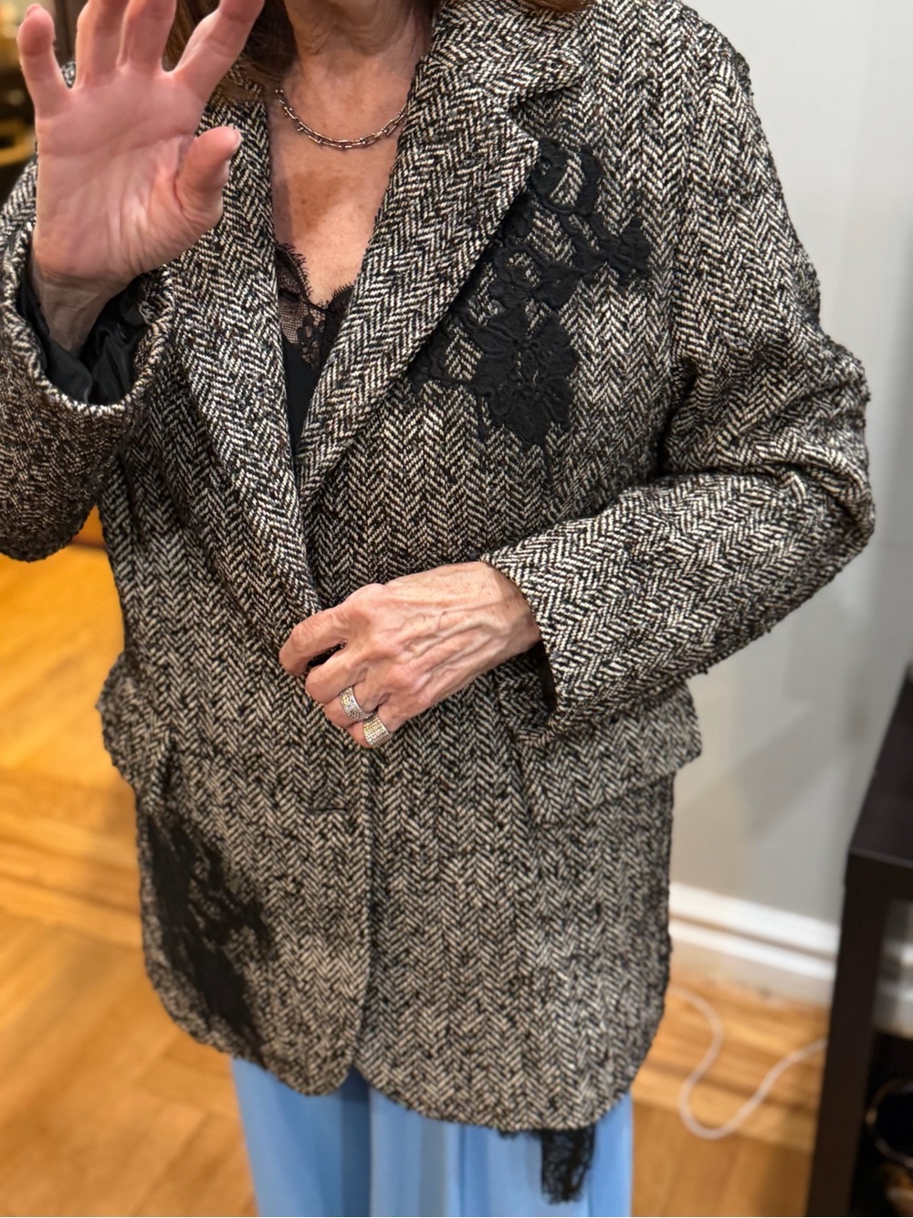 Rinascimento Black and Brown Herringbone Tweed Blazer with Lace Appliqué